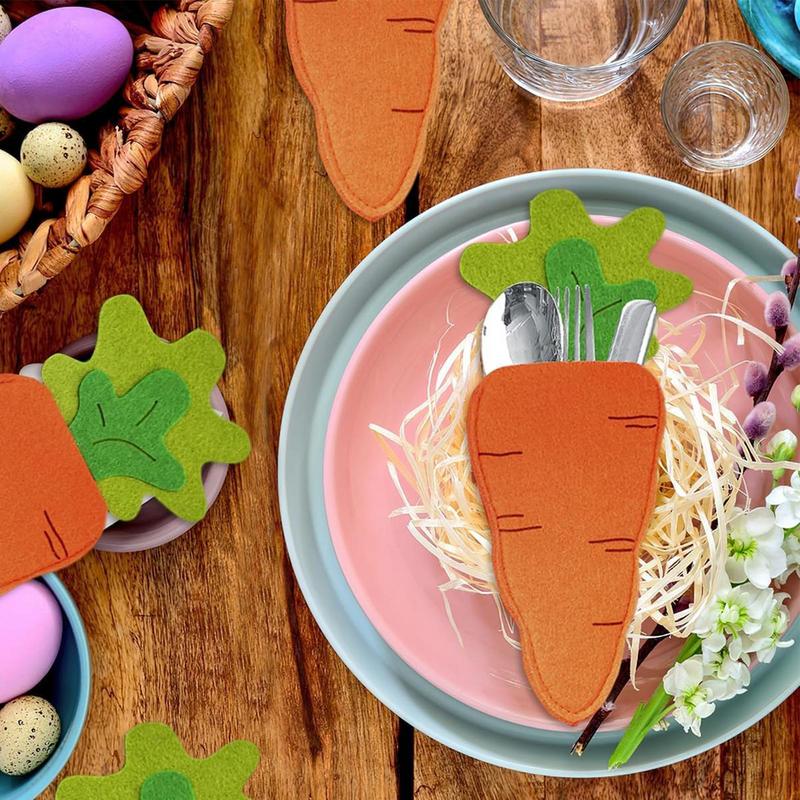 Carrot Easter Fork Bag Easter Theme Flatware Storage Pouch Cover Table Decoration Utensil Holders For Easter Party Bunny Theme