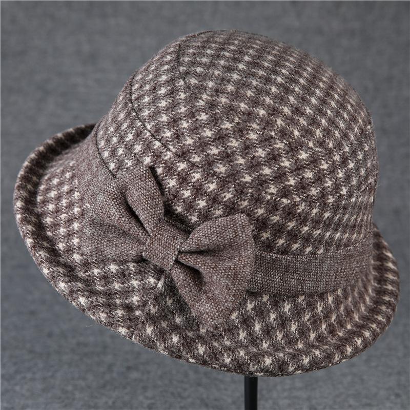 Middle-aged and elderly woolen basin hat grandma thickened warm curling bucket hat bow mother hat plaid retro
