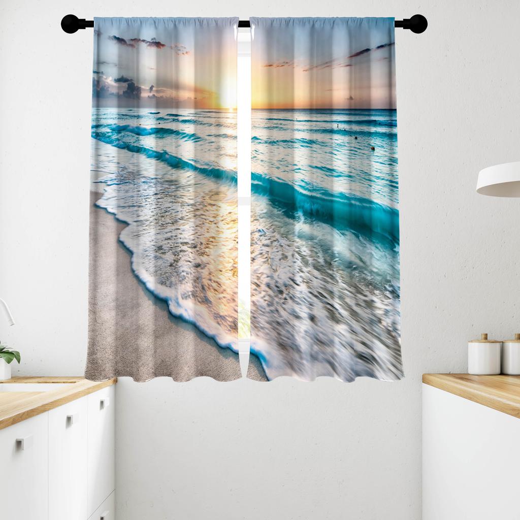 2 шт., Декоративные шторы на окна с изображением пляжа, заката и океана, для гостиной, спальни, столовой, кухни, фермерского дома, домашнего декора