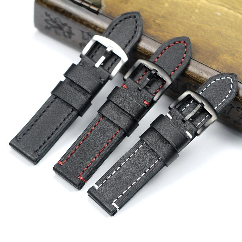 18, 19, 20, 21, 22 мм, мягкий черный с белыми, красными швами, ремешок из натуральной кожи для Samsung S2 S3, военный большой ремешок для часов Pilot