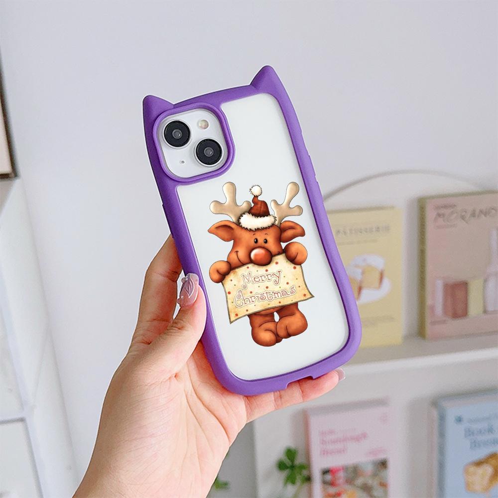 Мягкий чехол для телефона с кошачьими ушками для iPhone 16 15 14 13 12 11 Pro Max Plus XR X TPU Anti-Drop Прозрачная акриловая задняя крышка NY24 Новый год Счастливого Рождества арт
