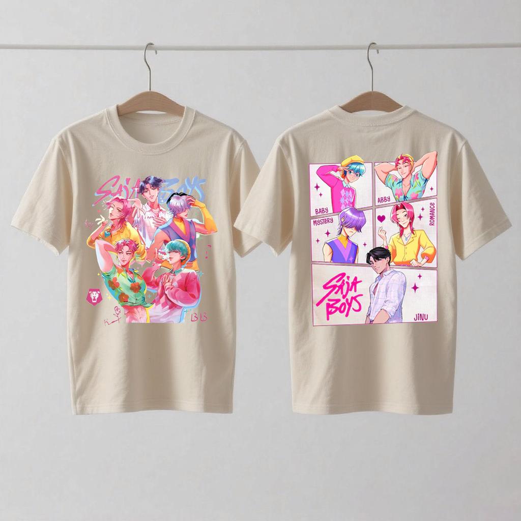 Saja Boys Kpop Охотники на демонов Двусторонняя хлопковая футболка Huntrix Мерч Охотника на демонов Футболки Jinu Saja Эбби Тайна Романтика Малыш Саджа