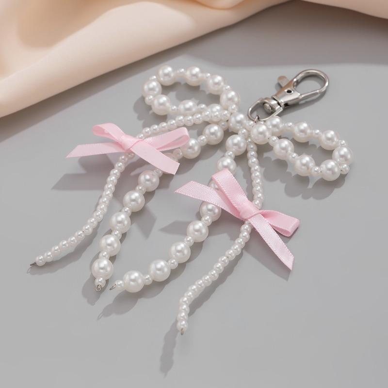 Fashion Sweet Y2K Girls Ribbon Bow Beaded Keychain Alloy Love Heart Star Rabbit Strawberry Pendant Pearls Glass Beads Chains Jewelry Accessories