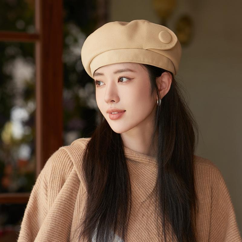 New Autumn and Winter Hat for Women with High End Button Beret Autumn and Winter Face Show Little Painter Hat for Literary Retro Bud Hat