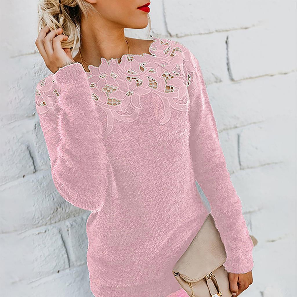 Women's Fashion Casual Solid Color Lace Stitching One-neck Lace Long-sleeved Sweater