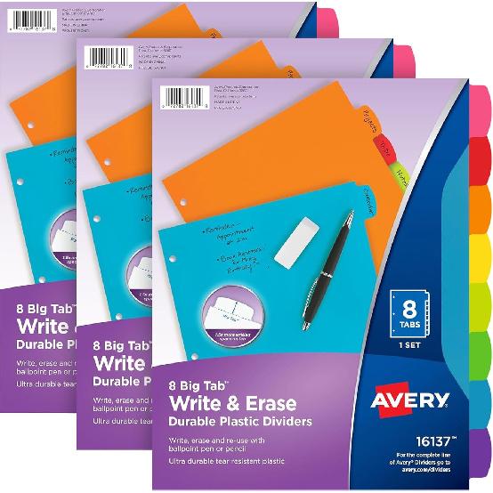 Avery Write & Erase 8 Tabs Plastic Divider for 3 Ring Binders, 3 Sets (8 Colors)