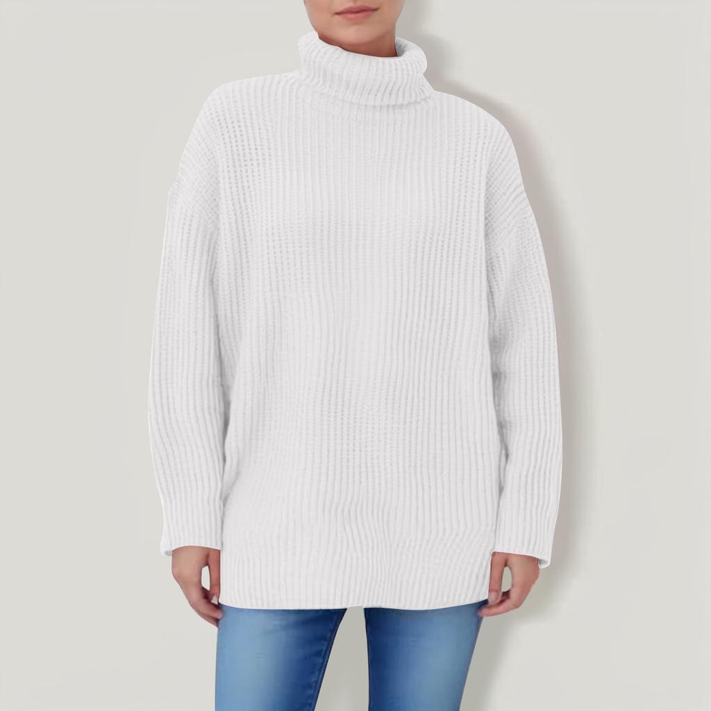 Women's Solid Color High Neck Long Sleeved Knitted Sweater Top Loose Sweater