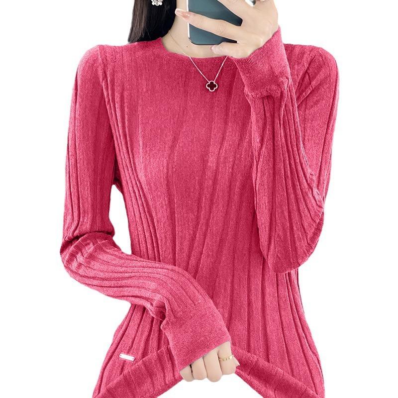 Женская мода с высоким воротом и круглым вырезом, свободный трикотаж, длинный рукав, трикотажная рубашка однотонного цвета для осени и зимы