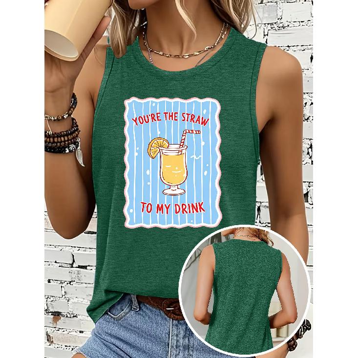 Women's sleeveless vest T Shirt Drink straw blue striped letter print casual crew neck top Soft, skin-friendly, breathable, comfortable, machine