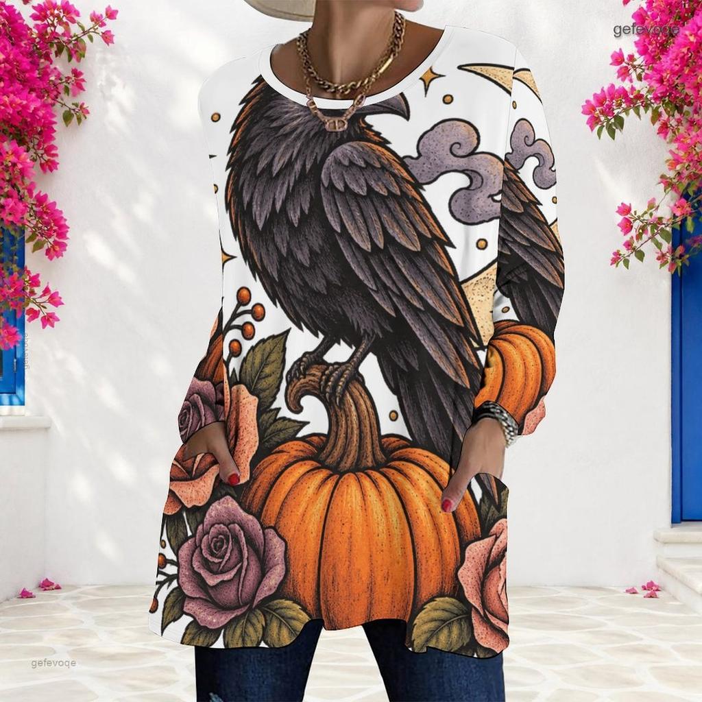 Women Plus Size Round Neck Long Sleeve T Shirt Cute Teddy Bear Pumpkin Print Loose Longline With Pockets