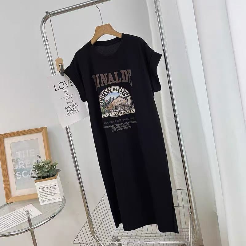 American letter printing short-sleeved dress women's summer new round neck loose and thin versatile casual split-ended T-shirt skirt