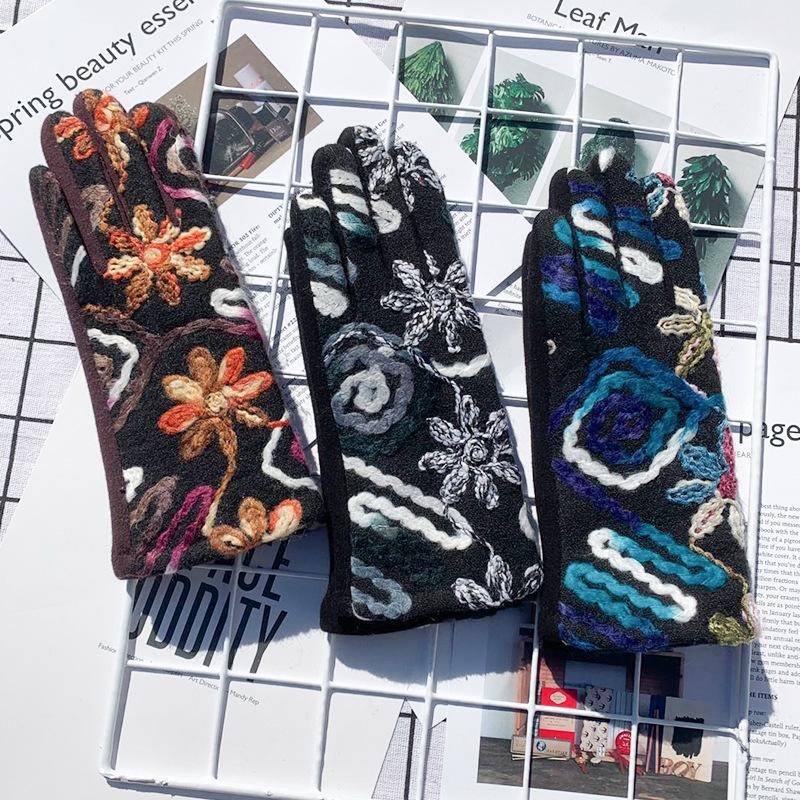 Модные шерстяные перчатки в этническом стиле для путешествий на открытом воздухе с вышивкой для сенсорных экранов, теплые флисовые перчатки без протечек