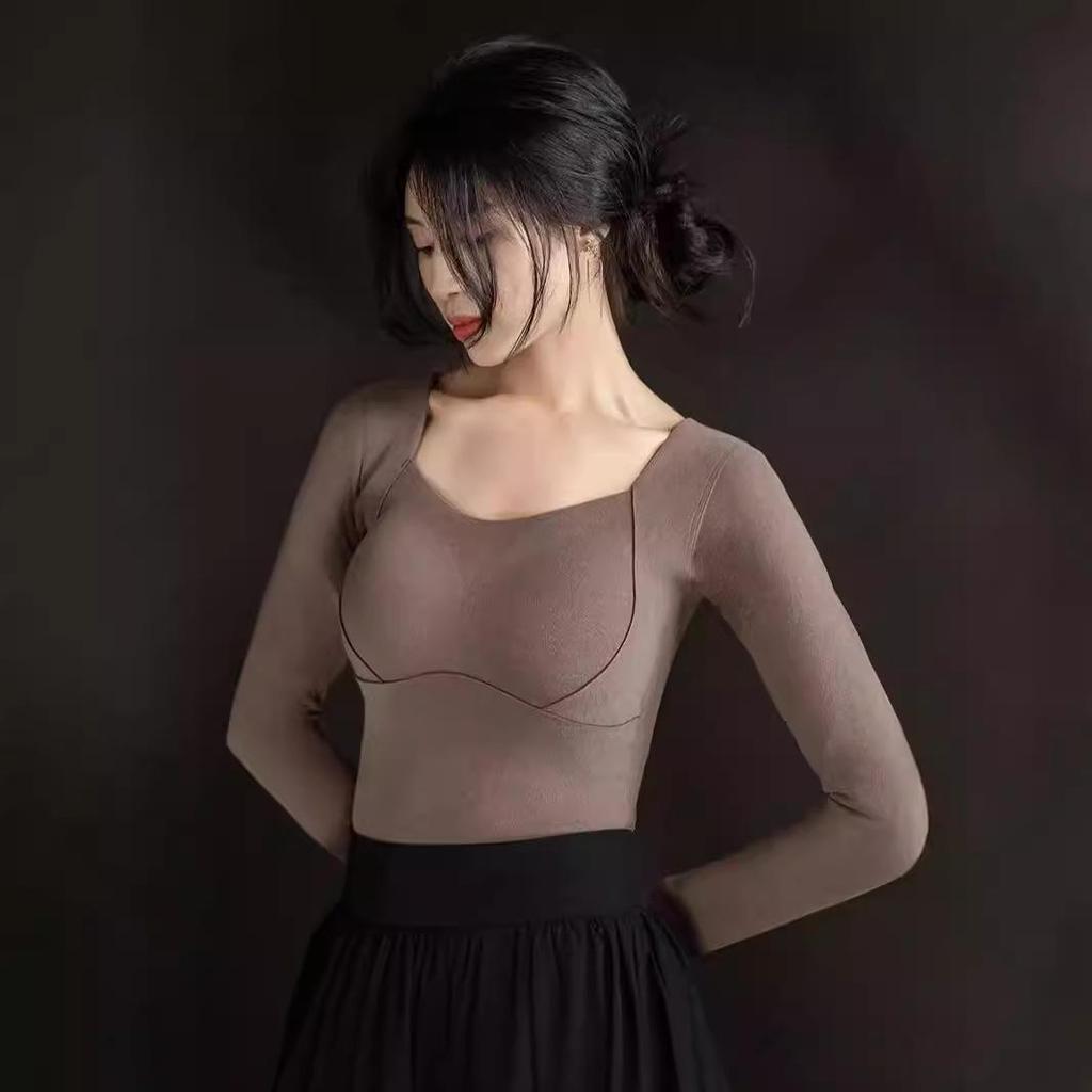 Graphene Long-Sleeve Warm Bottoming Shirt with Chest Pad - Seamless Fixed Cup Inner Top for Women (Autumn/Winter)