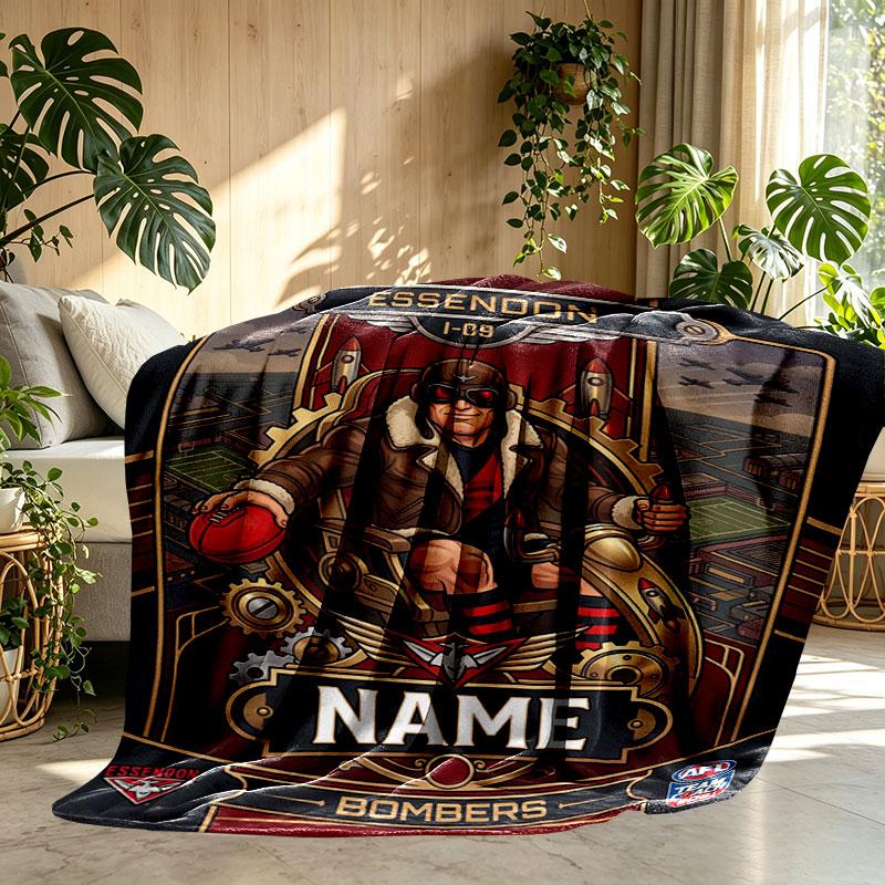 Custom Name Personalized Essendon Football Print Blanket, Home Decor, Bedroom, Sofa, Camping, Couch, Gifts for Birthday Christmas