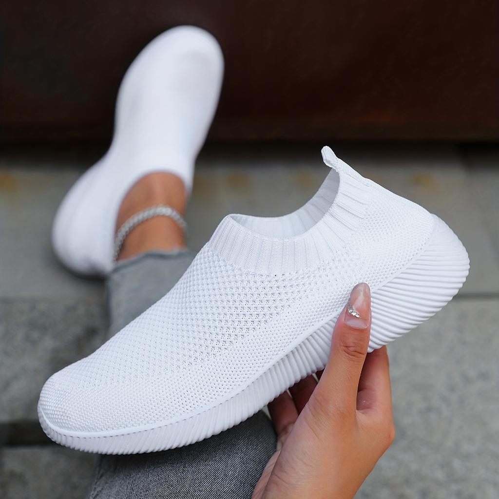 Women's Solid Color Flying Woven Sneakers, Casual & Breathable Slip On Outdoor Shoes, Lightweight Low Top Running Shoes