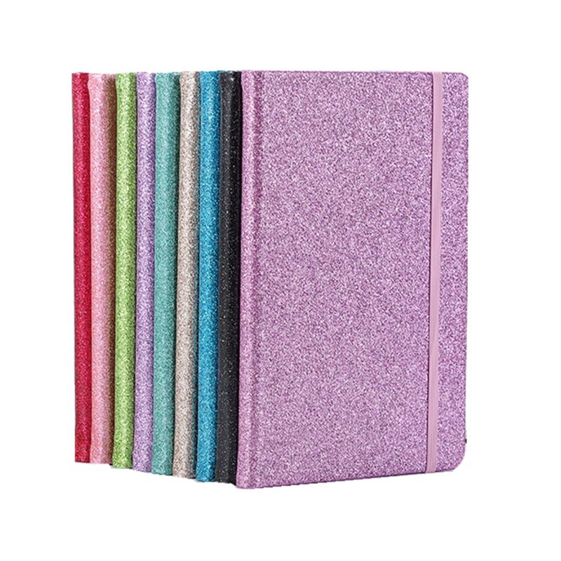 New Design Bright PU Leather Cover Notebook A5 Shine Line Pages Diary Flash Color Notebook with Elastic Strap for Stock