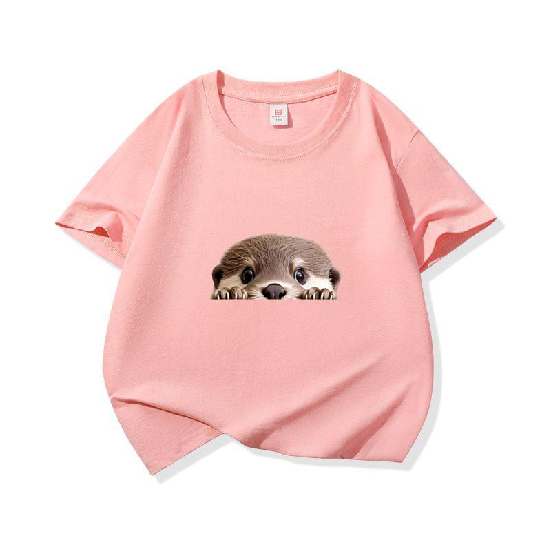 Kids Cotton T Shirt Cute Peeking Otter Print Crew Neck Short Sleeve Tee Casual Breathable Boys Girls Summer Tops