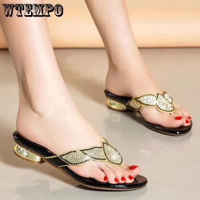 Сплошные цветные шлепанцы из мягкой искусственной кожи со стразами, женские повседневные тапочки большого размера на низком толстом каблуке, крутые сандалии