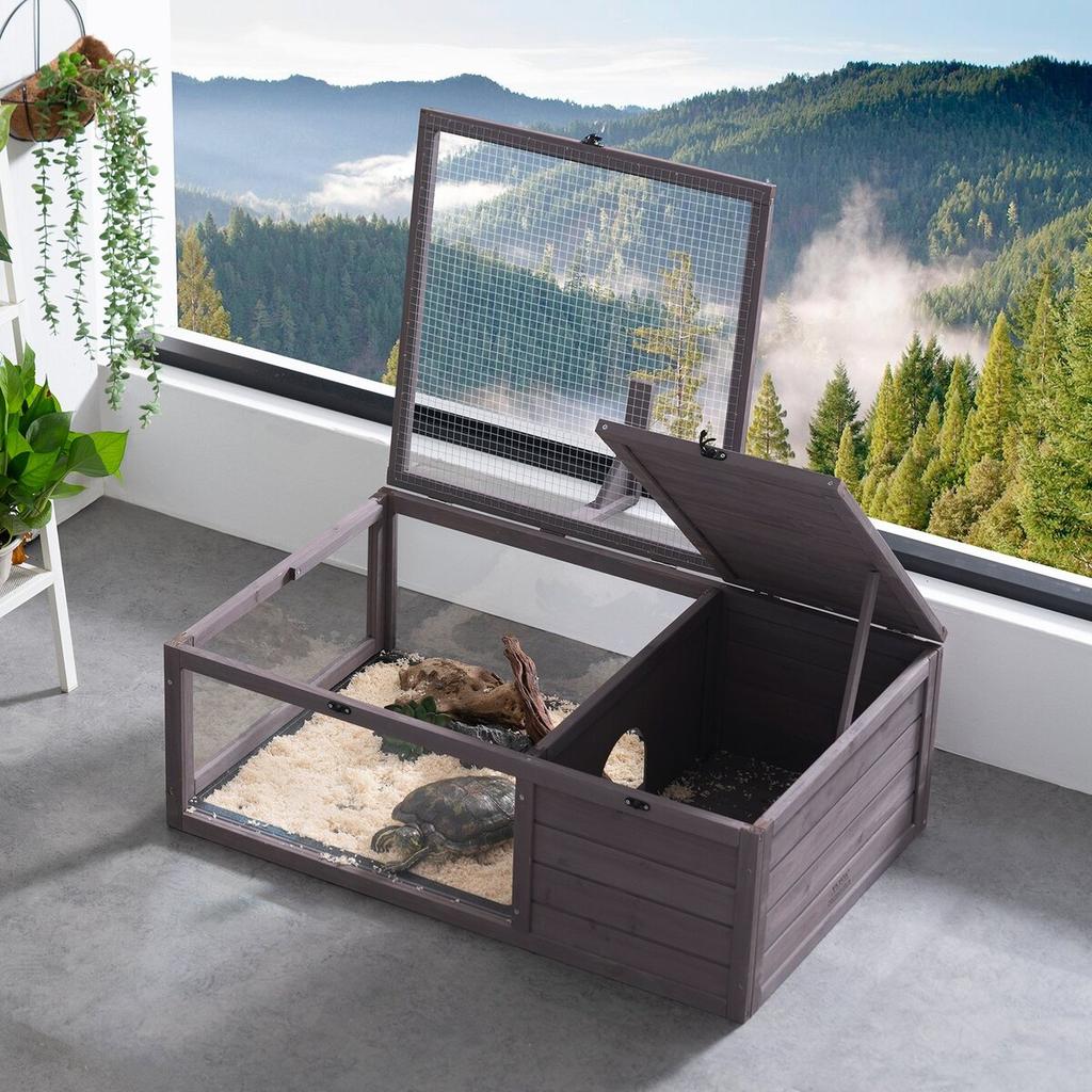 Tortoise Habitat Wooden Tortoise House Indoor & Outdoor 2-Room 38x24x13in