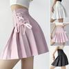 Women Mini Skirt High Waist Side Lace-up Pleated Skirt Solid Color A-Line Skirt with Lining Shorts Streetwear