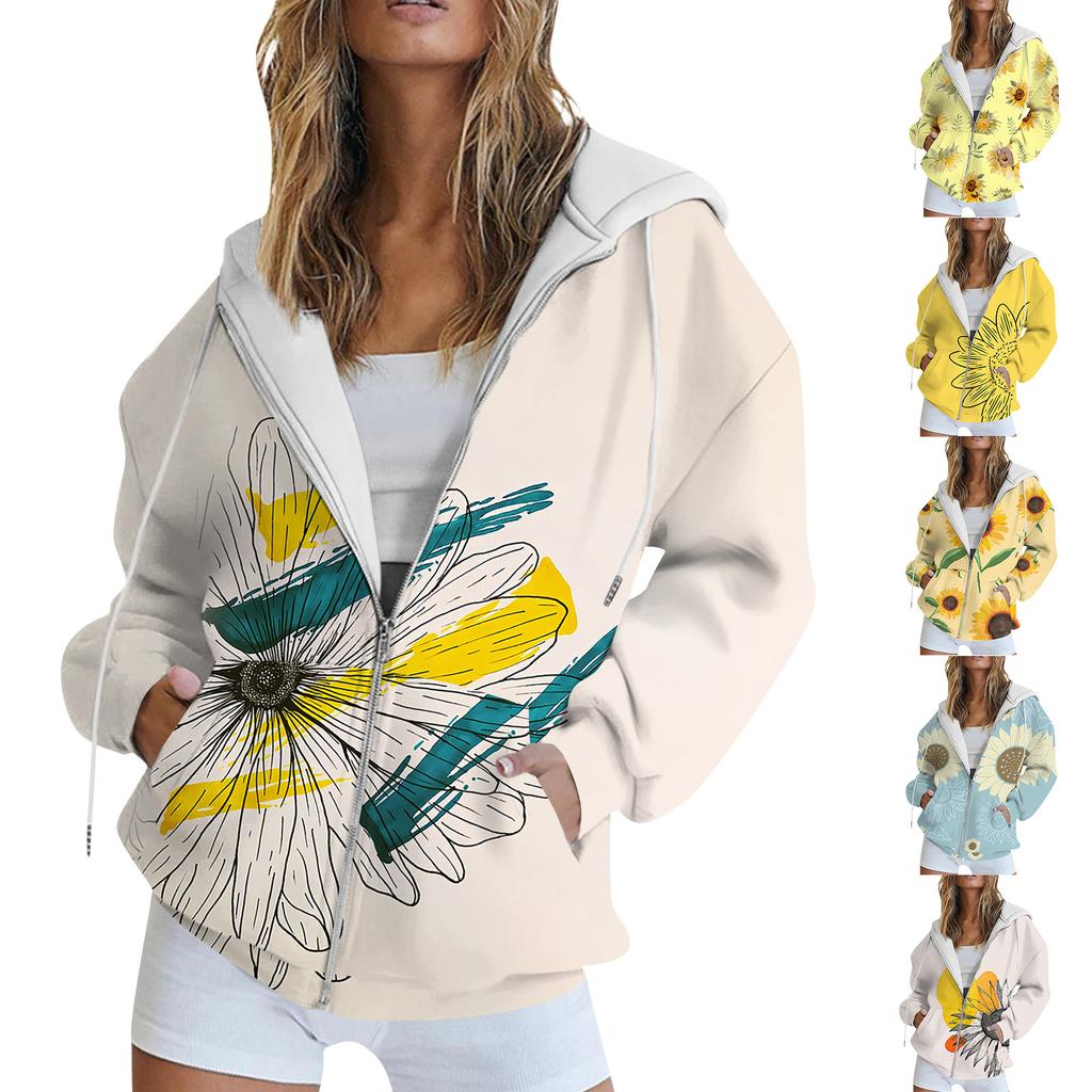 Women's Long Sleeve Print Sweatshirt Long Sleeve Pocket Jacket Zipper Hoodie Coat