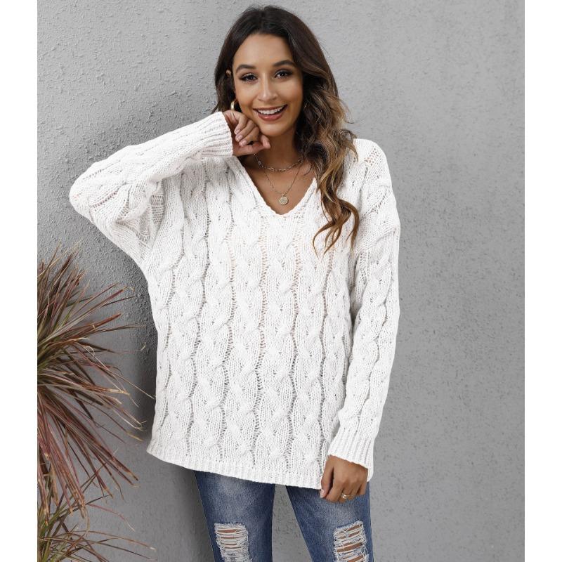 Autumn and Winter Women's Thickened Twist Knit V-Neck Hooded Loose Pullover Sweater
