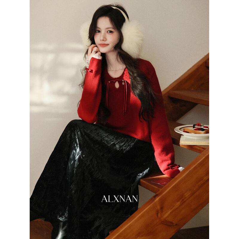 Luxiangnan Women's High-Waist Pleated Velvet Midi Skirt