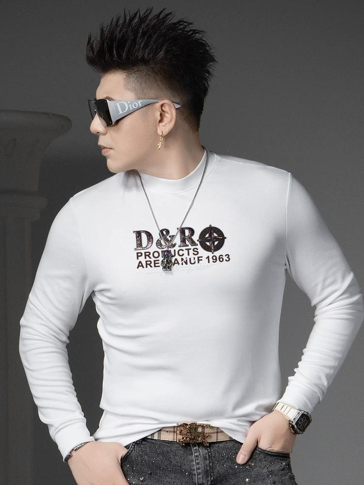 European Long-Sleeve T-Shirt for Men 2025 Autumn New Half-Turtleneck Top Men's Trendy Printed Rhinestone Base Shirt