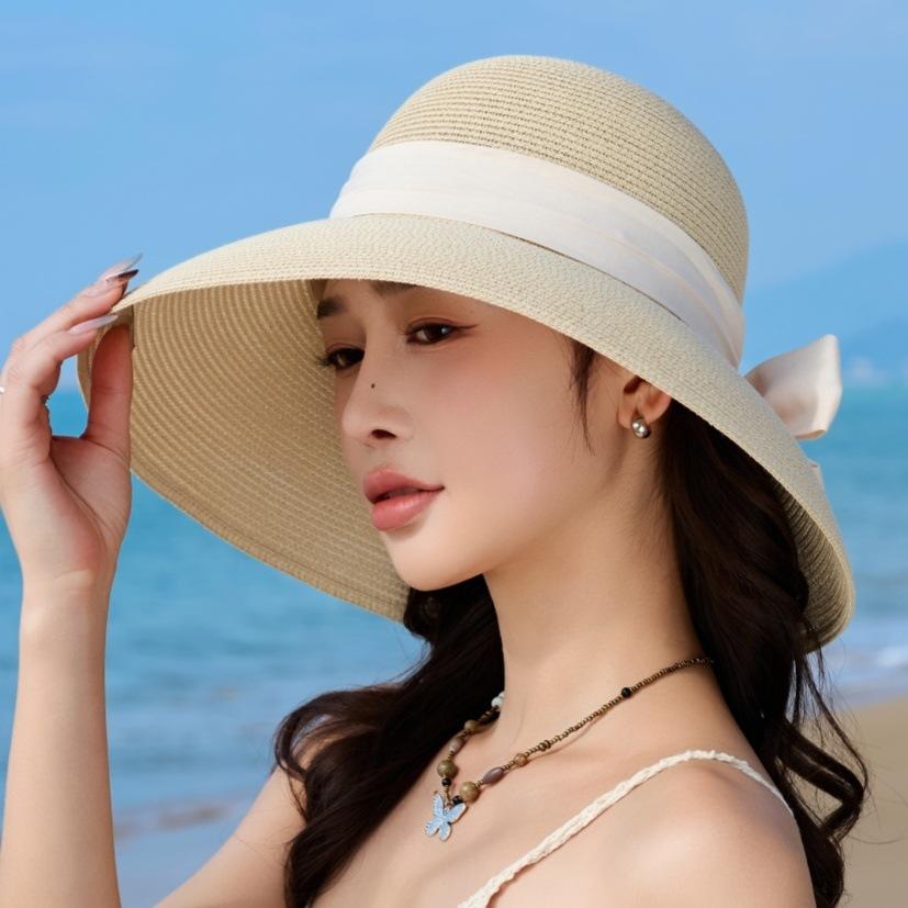 Ladies Straw Hat Sun Hat Bow Elegant Resort Beach Hat Sun Hat Big Brim