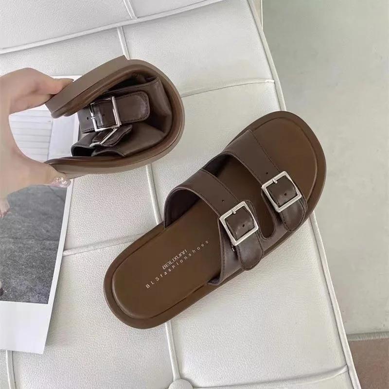 Fashion New Summer Solid Color Buckle Flat Bottom Women's Slippers for Outdoor Wear Home Women Slippers Retro Casual Temperament Sandals
