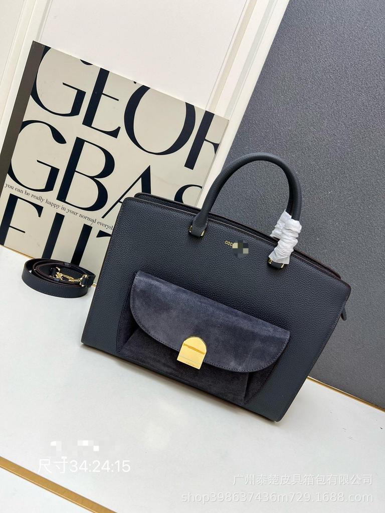 2025 New Authentic Leather Handbag Women's Commuter High-end Shoulder Bag Contrasting Color Design Lock-up Tote With Box