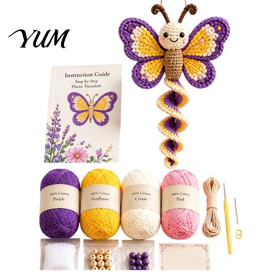 Polyester Yarn Crafting Set Crochet Garden Animal Spiral Hanging Kit, Beginner Friendly DIY Swing Nature Inspired Decor Butterfly Ladybug Hummingbird