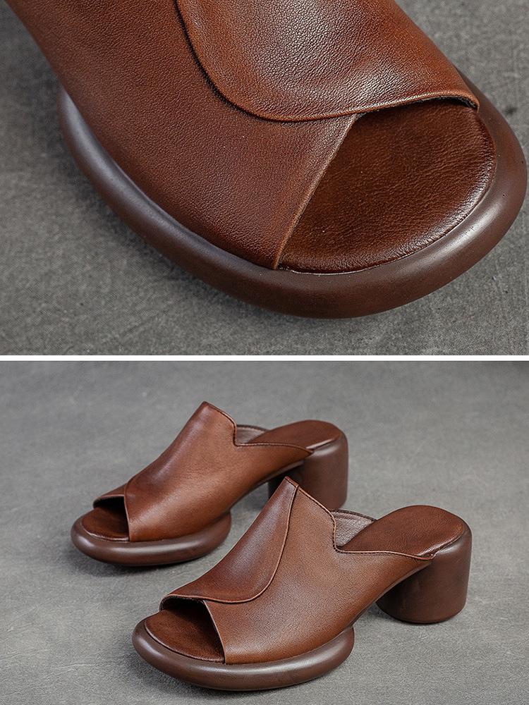 Johnature Тапочки с открытым носком, однотонная винтажная удобная женская обувь на высоком каблуке из натуральной кожи, простая женская обувь