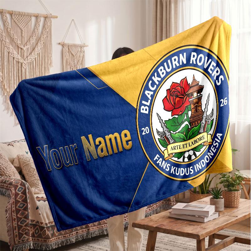 Blackburn Rovers FC Personalized Fleece Blanket With Football Logo, Custom Name Text Soft Warm Home Throw Blanket