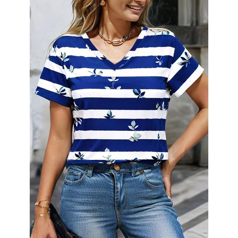 Женские футболки с геометрическим рисунком, цветными блоками, модные, с короткими рукавами, V-образным вырезом, обычные топы, повседневные принты, летние повседневные топы