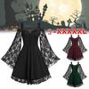 Vintage Gothic Women Dress Lace Crochet Flare Sleeve Vampire Witch Dresses Medieval Renaissance Goth Cosplay