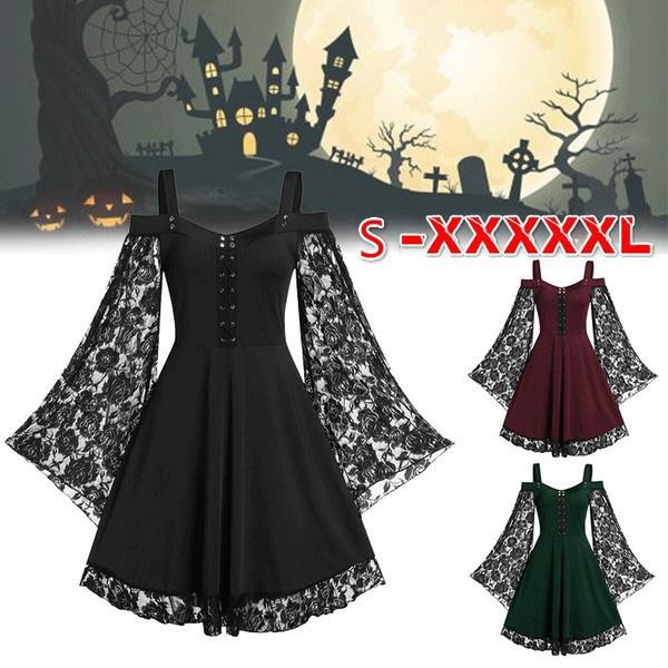 Vintage Gothic Women Dress Lace Crochet Flare Sleeve Vampire Witch Dresses Medieval Renaissance Goth Cosplay
