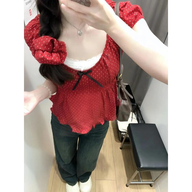 Korean Series Pure Desire BM Red Polka Dot Short sleeve T-shirt Women Summer Bow Small Man Pleat Puff sleeve Top Tide