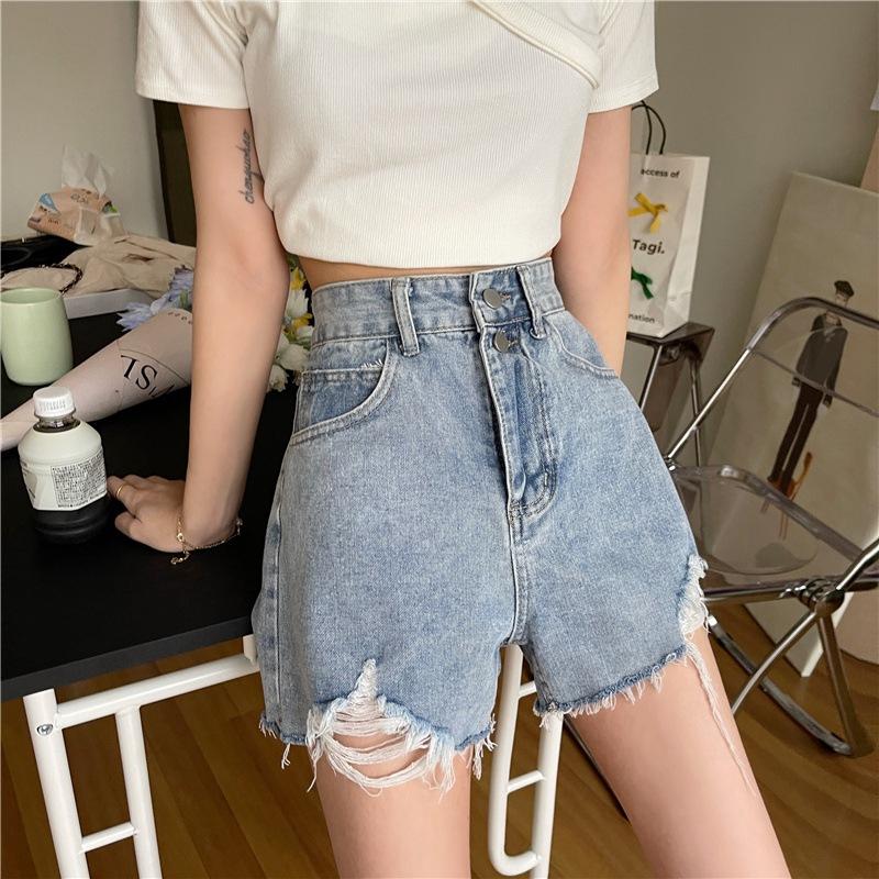 Summer Pants Classic and Minimalist Fashion Versatile Summer Women's Row Buckle High Waist Hole Thin Loose Outside Wear Wide Leg A Word Denim Shorts