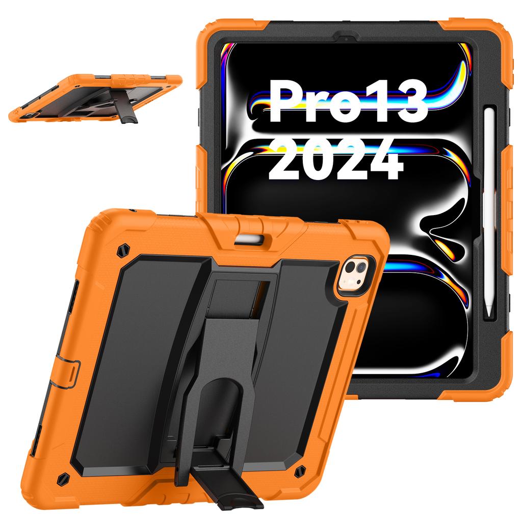 For iPad Pro 13 (2024) Kickstand Case PC+Silicone Tablet Cover with Pen Slot/Shoulder Strap