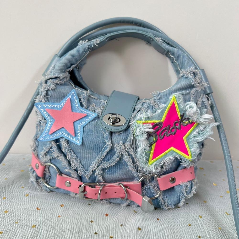 Spice Girl Denim Handbag Harajuku Underarm Shoulder Bag Casual Pink Star Crossbody Bag Girls