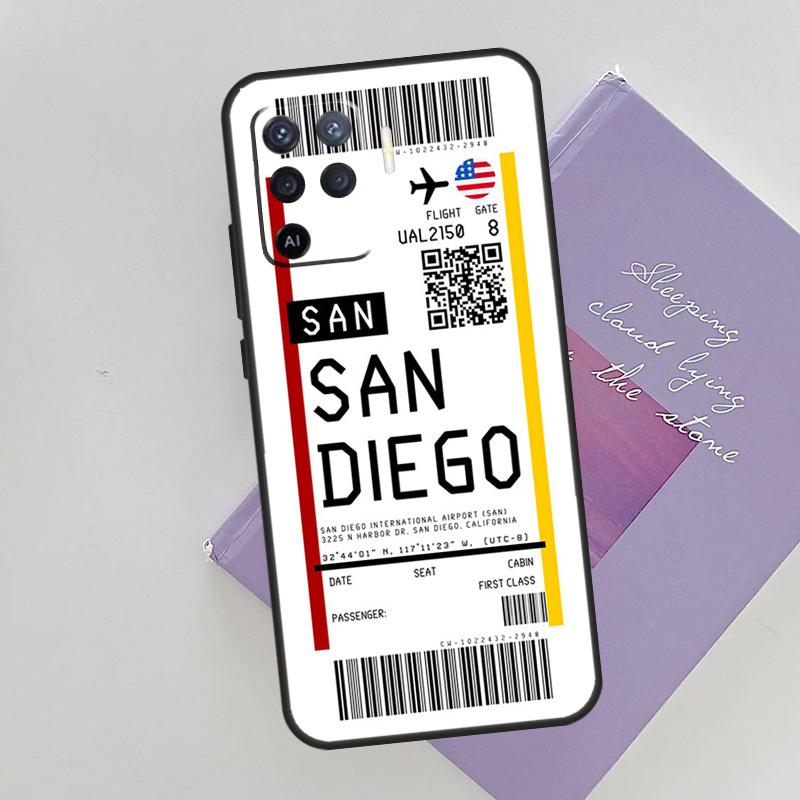 London New York Miami Flight Ticket Phone Case For Oppo A54 A74 A94 A15 A16 A17 A52 A72 A76 A96 A57 A58 A78 A98 A53S Cover Case