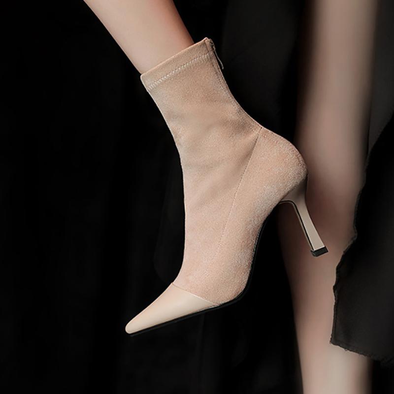 Женские эластичные сапоги-носки на тонком каблуке, модные, элегантные, с острым носком, короткие, осенние, женские, вечерние, стриптизершные туфли