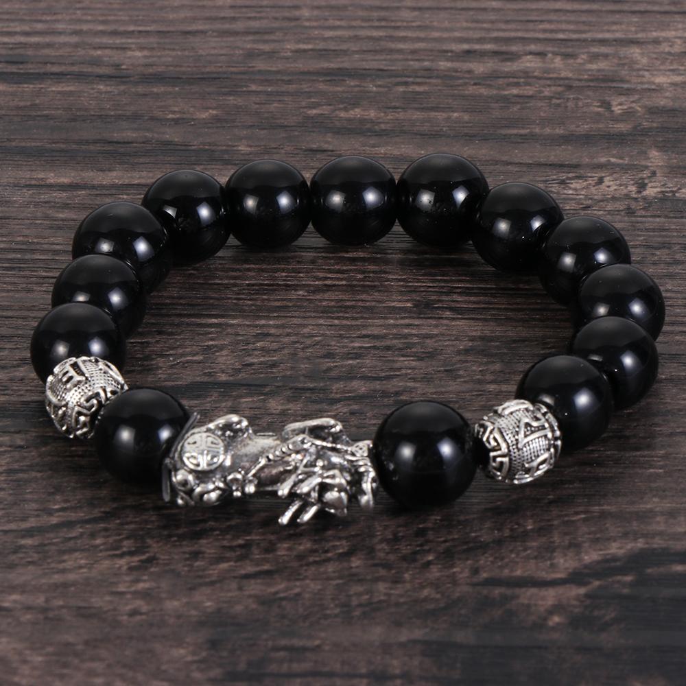 Women Buddhism Bead Black Good Luck Cuff Bangle Bracelet Feng Shui Silver PiXiu Obsidian Wristband