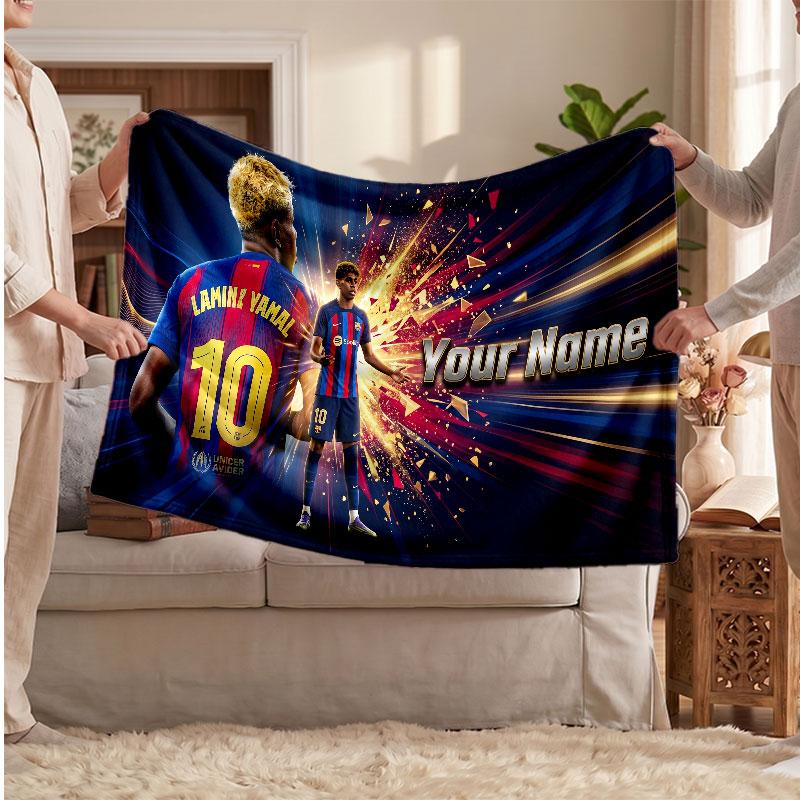 Lamine Yamal Personalized Fleece Blanket With Football Logo, Custom Name Text Soft Warm Home Throw Blanket