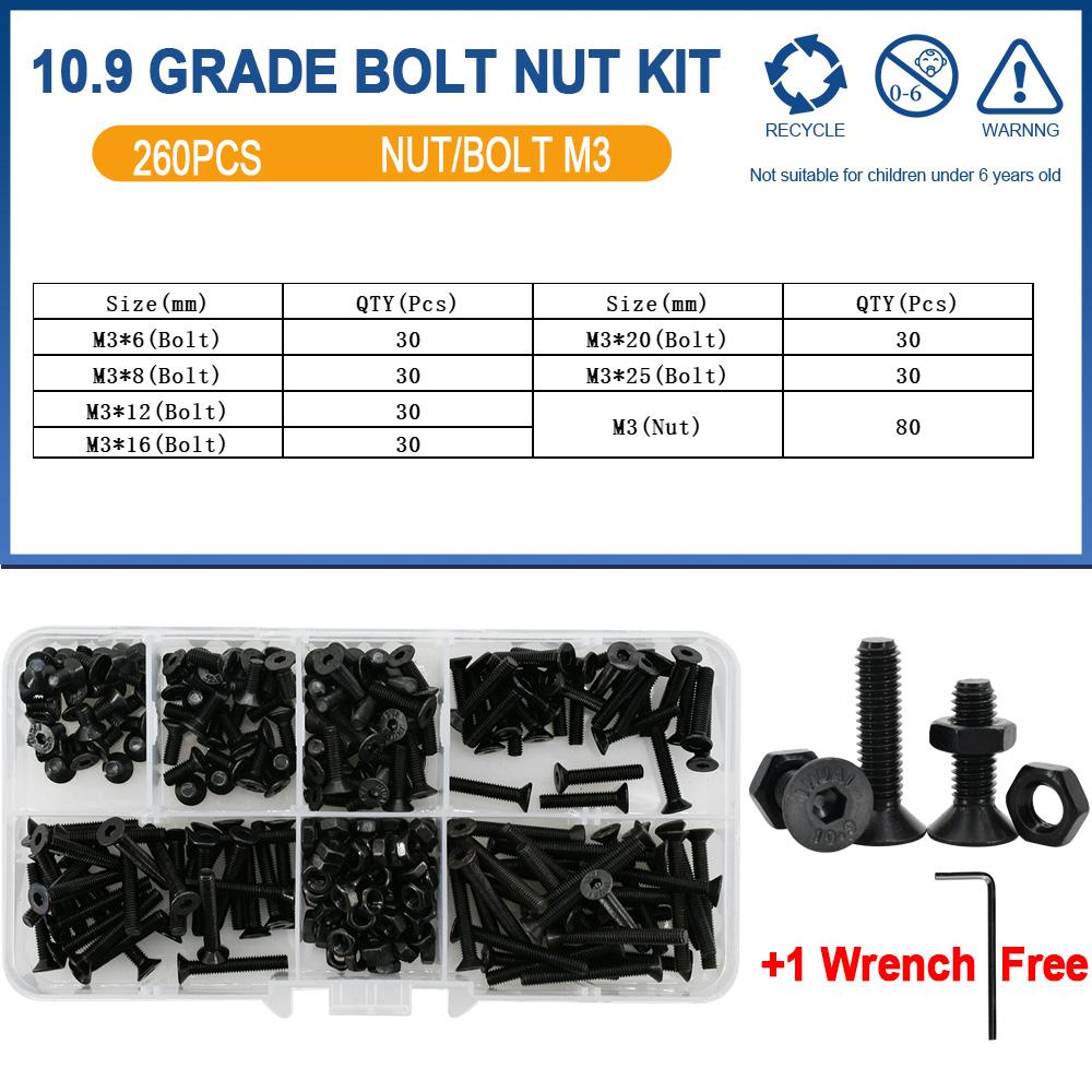Grade 10.9 Carbon Steel Black Countersunk Flat Head Hex Bolt Nut Kit Electric Machine Screws Hexagon Allen Bolts M2 M3 M4 M5 M6