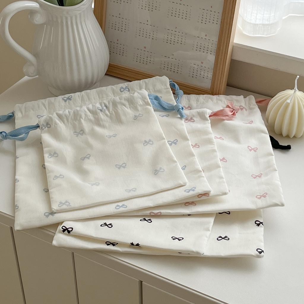 Sweet Bow Print Women's Storage Bag Cute College Girls Canvas Drawstring Bags Simple Female Portable Travel Makeup Case Handbags