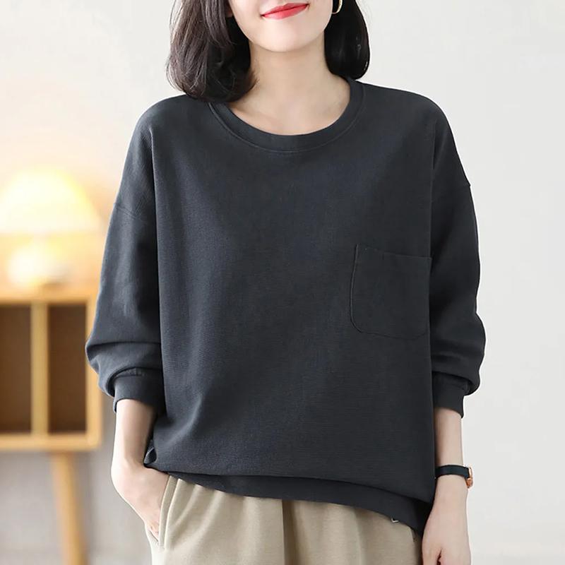 Толстовка для женщин из хлопка, свободная, большого размера, утолщенная, удобная, с круглым вырезом, повседневная, свитшот