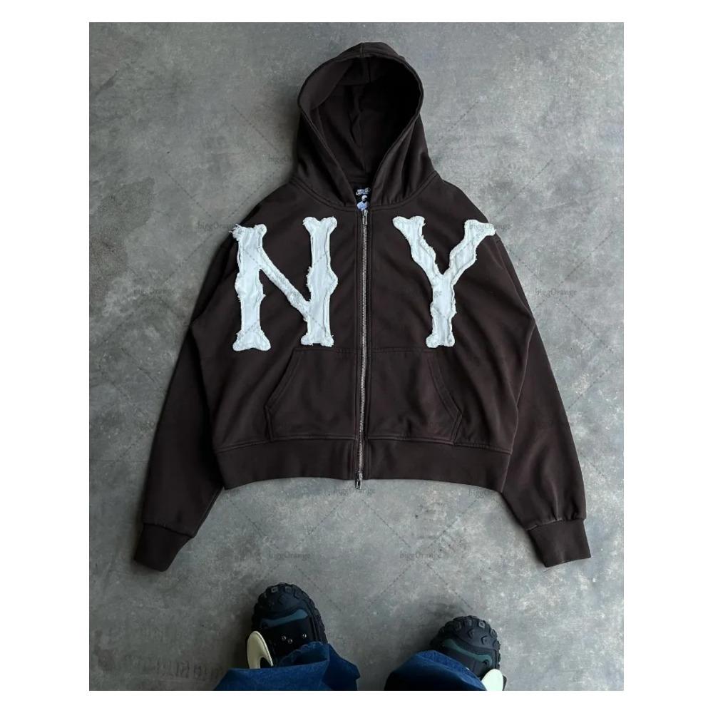 ZYLLO Y2k Harajuku Retro Trendy Brand Letter Embroidery Oversized Swetshirt Women High Street Fashion Loose Zipper Hoodie