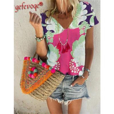 Модные весенние блузки с цветочным принтом, футболки с коротким рукавом и V-образным вырезом, повседневные